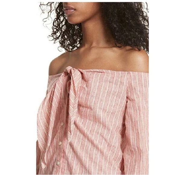 Free People Hello There Beautiful Off Shoulder Red Cream Striped Relaxed Top - Picture 4 of 15